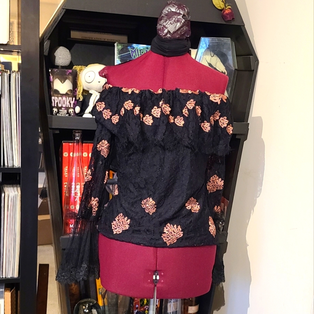 Whimsygoth Delicate Black Lace Off-shoulder Top